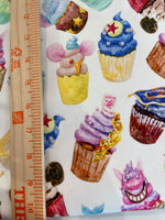 Magical Cupcakes on white background 1 yard CL knit 260 gsm